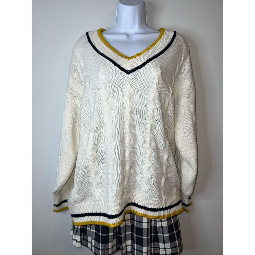 Women’s Cable Knit Twist V Neck Sweater Varsity Cream/blue/yellow M